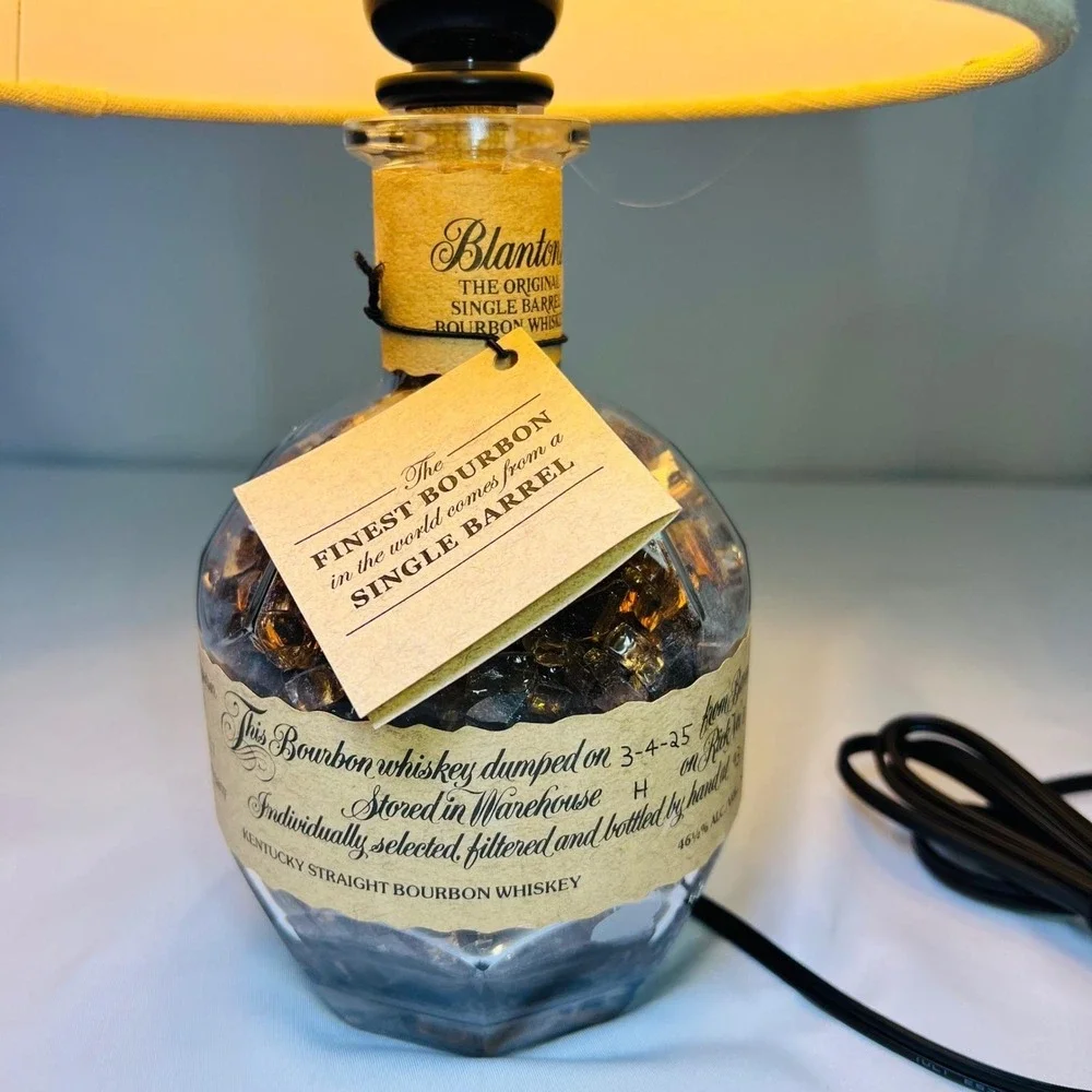 Blanton's Bourbon Bottle Lamp Upcycled Whiskey Bar Decor with Linen Shade